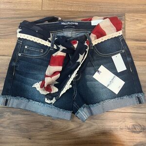 Wallflower Women's Dark Blue Jean Shorts with Flag Scarf